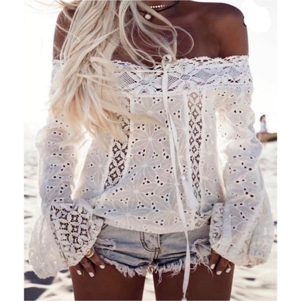 NWT STYLISH WHITE LACE PATCHWORK OFF SHOULDER BLOUSE TOP - Picture 3 of 6